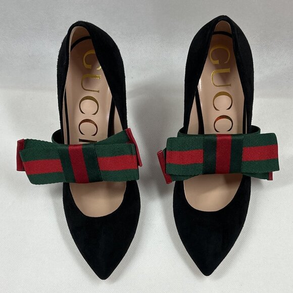 NIB Authentic Gucci Sylvie Black Suede Pumps with Green & Red Stripe Web Bow - Picture 6 of 15